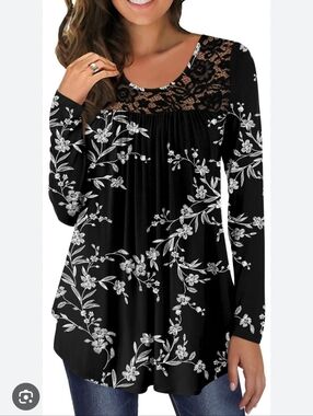 Bishuige Lace Panel Long Sleeve Flowy Top
